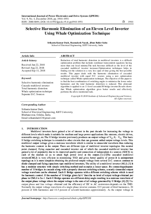 (PDF) Selective Harmonic Elimination of an Eleven Level Inverter Using ...