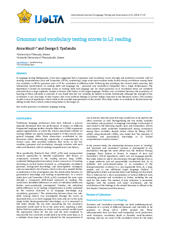 (PDF) Grammar and vocabulary testing scores in L2 reading