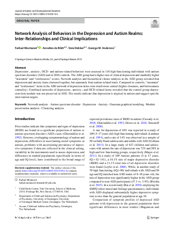 (PDF) Network Analysis of Behaviors in the Depression and Autism Realms ...