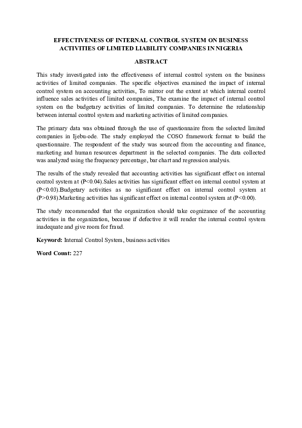 (DOC) EFFECTIVENESS OF INTERNAL CONTROL SYSTEM ON BUSINESS ACTIVITIES ...