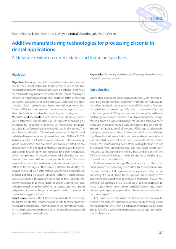 (PDF) Additive manufacturing technologies for processing zirconia in