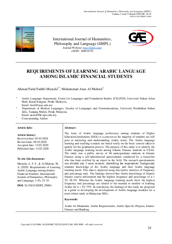 (PDF) Requirements of Learning Arabic Language among Islamic Financial ...