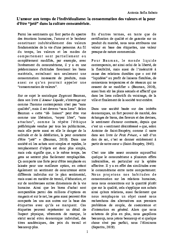 Pdf L Amour Aux Temps De L Individualisme La Consommation Des Valeurs Et La Peur D Etre Jete Dans La Culture Consumeriste Antonia Sofia Sabato Academia Edu