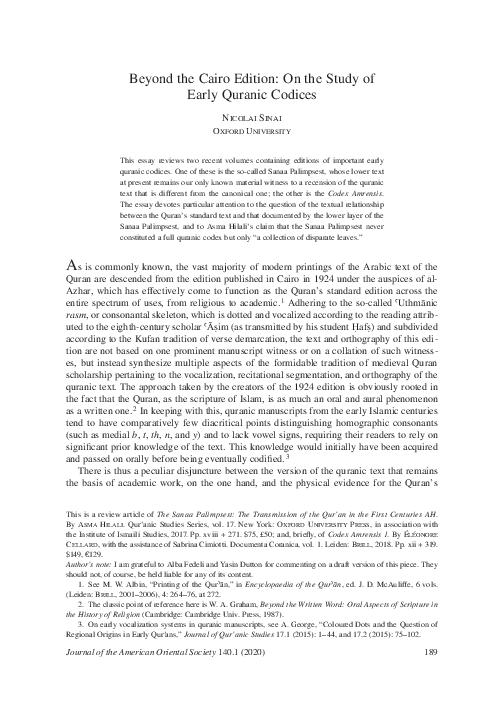 Pdf Beyond The Cairo Edition On The Study Of Early Quranic Codices Journal Of The American Oriental Society 140 No 1 2020 189 204 Nicolai Sinai Academia Edu