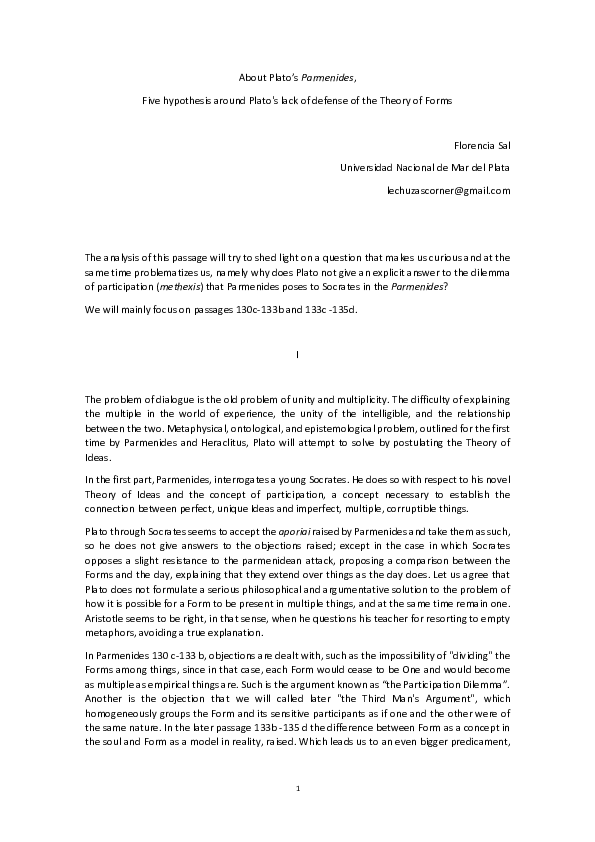 (PDF) Plato's Parmenides , five hypothesis around Plato's lack of