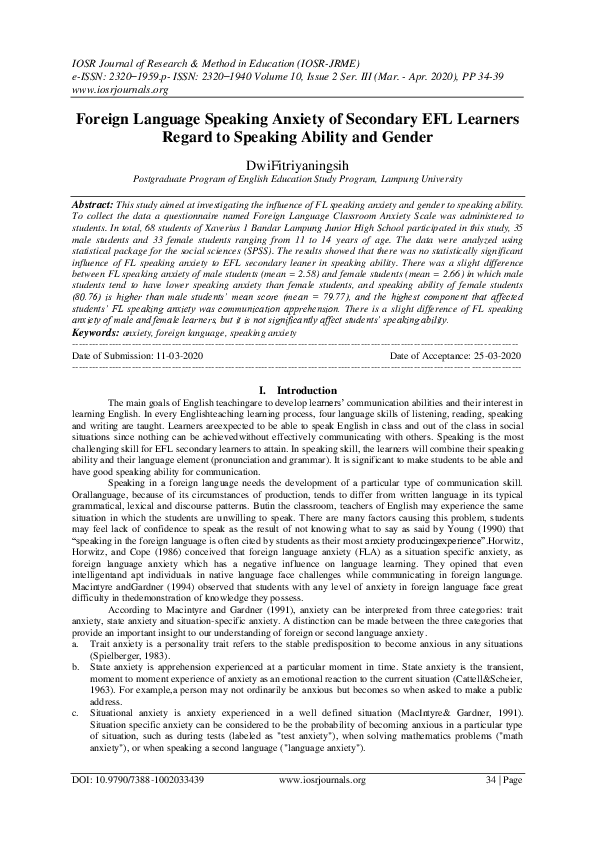 (PDF) Foreign Language Speaking Anxiety of Secondary EFL Learners ...