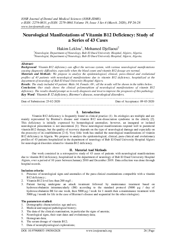 (PDF) Neurological Manifestations of Vitamin B12 Deficiency Study of a Series of 43 Cases