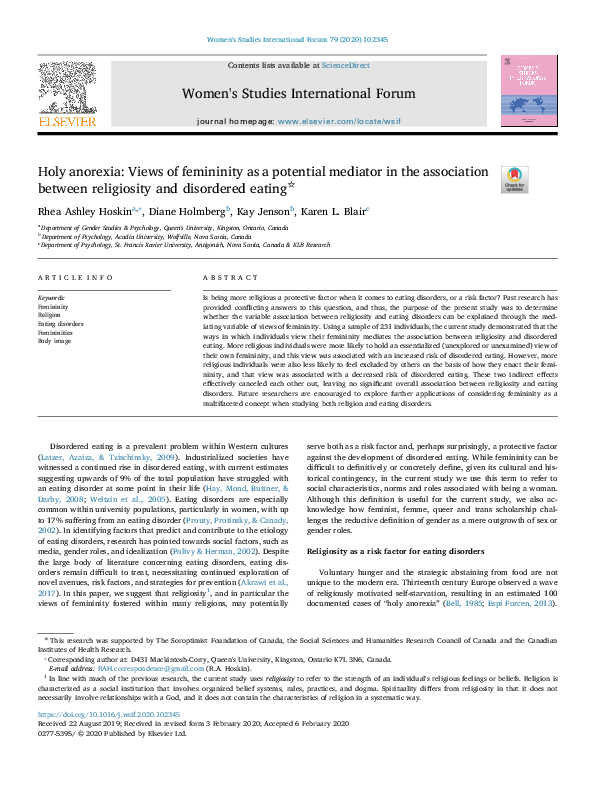 (PDF) Holy anorexia Views of femininity as a potential mediator in the