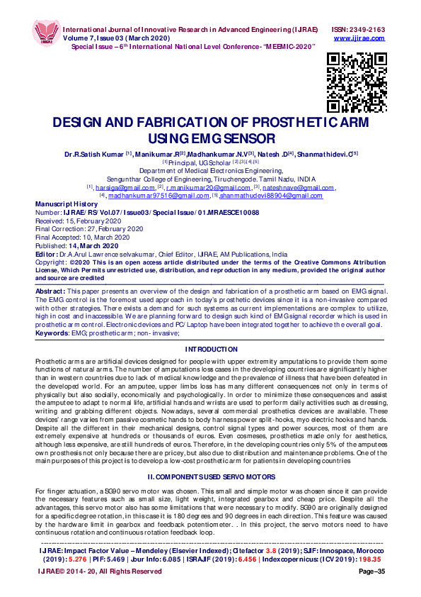 (PDF) DESIGN AND FABRICATION OF PROSTHETIC ARM USING EMG SENSOR