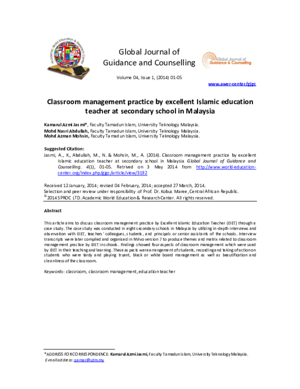 Pdf Classroom Management Practice By Excellent Islamic Education Teacher At Secondary School In Malaysia Global Journal Of Guidance And Counselling Global Journal Of Guidance And Counseling In Schools Current Perspectives