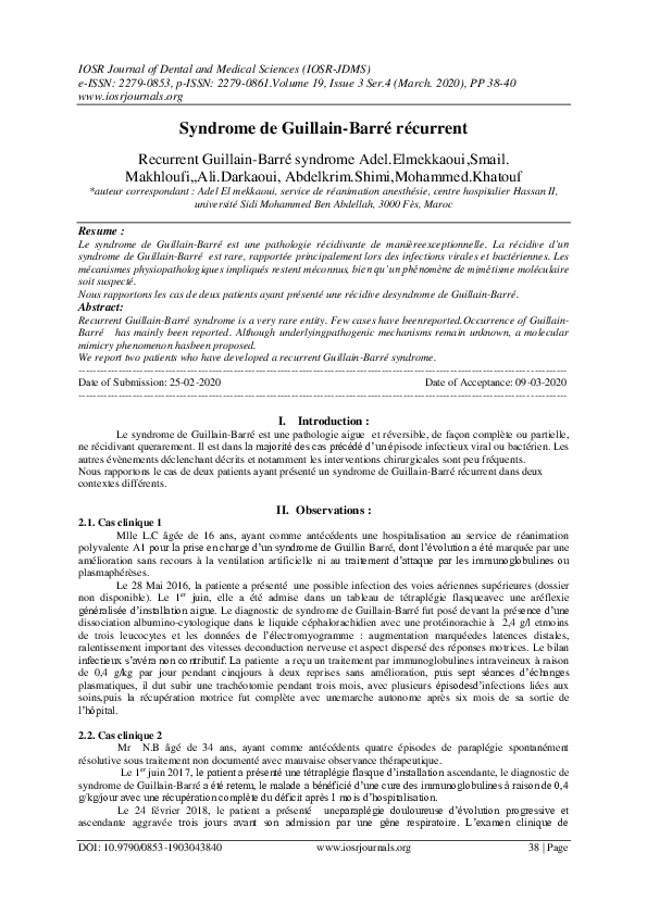 (PDF) Syndrome de GuillainBarré récurrent IOSR Journals Academia.edu