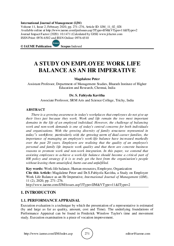 (PDF) A STUDY ON EMPLOYEE WORK LIFE BALANCE AS AN HR IMPERATIVE