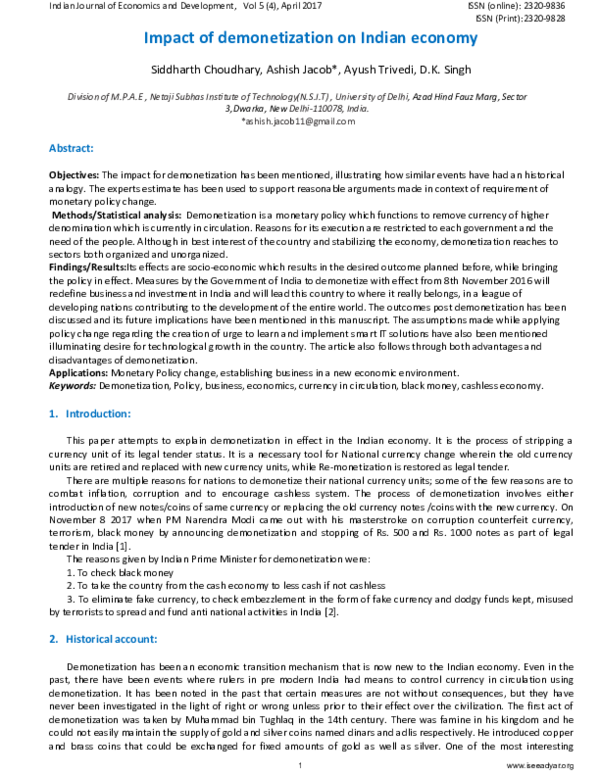 (PDF) Impact of demonetization on Indian econo