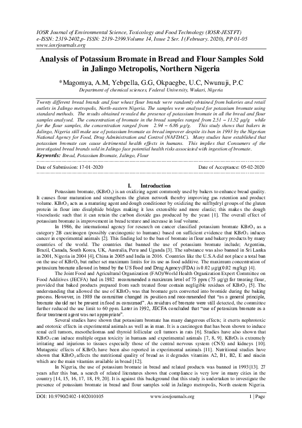(PDF) Analysis of Potassium Bromate in Bread and Flour Samples Sold in Jalingo Metropolis