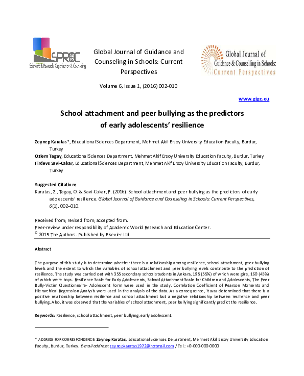 (PDF) School attachment and peer bullying as the predictors of early ...