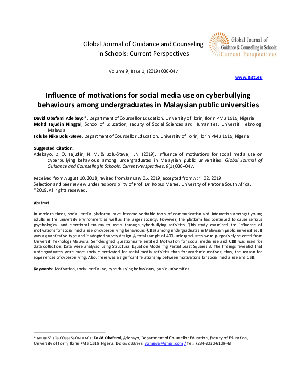 (PDF) Influence of motivations for social media use on cyberbullying ...