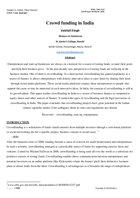 (PDF) Crowd funding in India