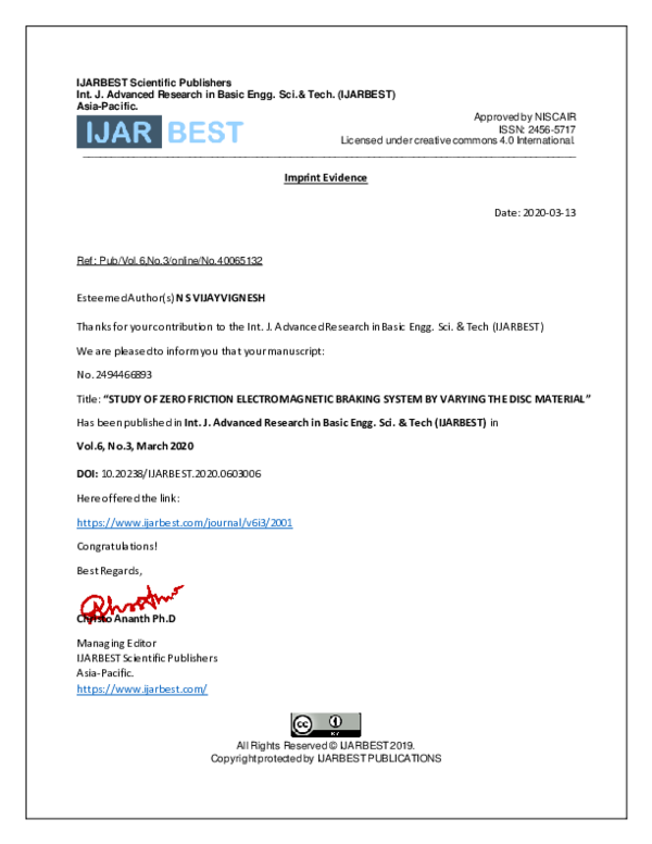 (PDF) Study Of Zero Friction Braking System By Varying