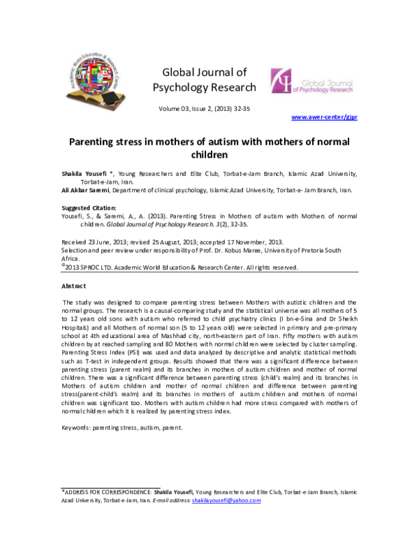 (PDF) Parenting Stress in Mothers of autism with Mothers of normal children