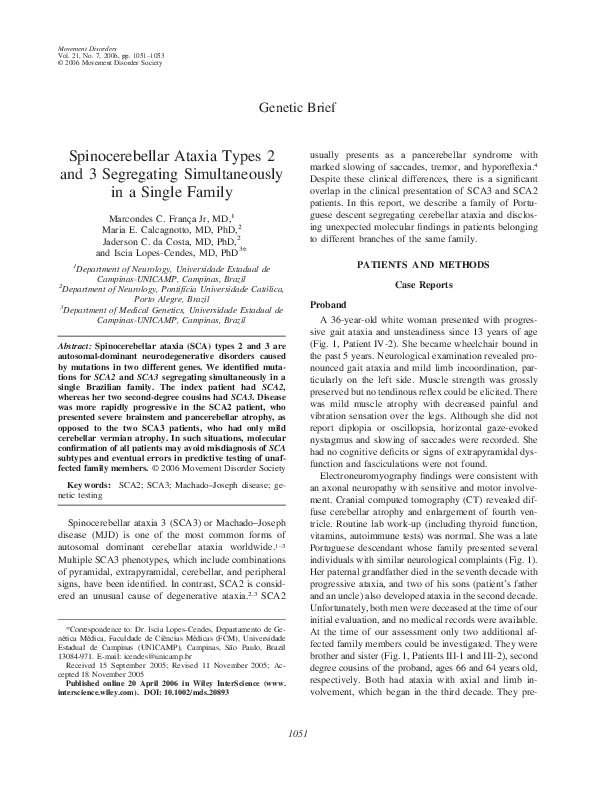 (PDF) Spinocerebellar ataxia types 2 and 3 segregating simultaneously ...