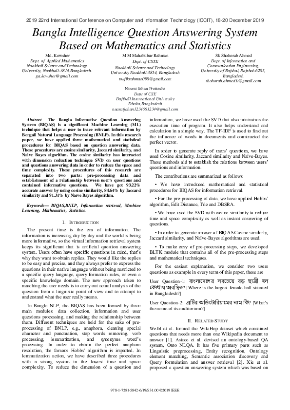 (PDF) Bangla Intelligence Question Answering System Based on ...