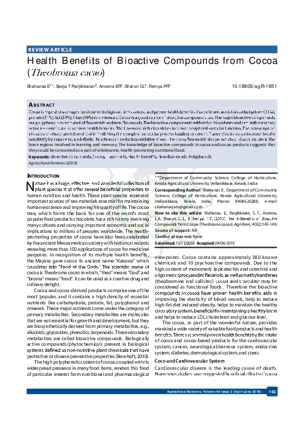 (PDF) Health Benefits of Bioactive Compounds from Cocoa