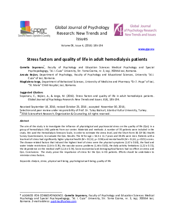 (PDF) Stress factors and quality of life in adult hemodialysis patients