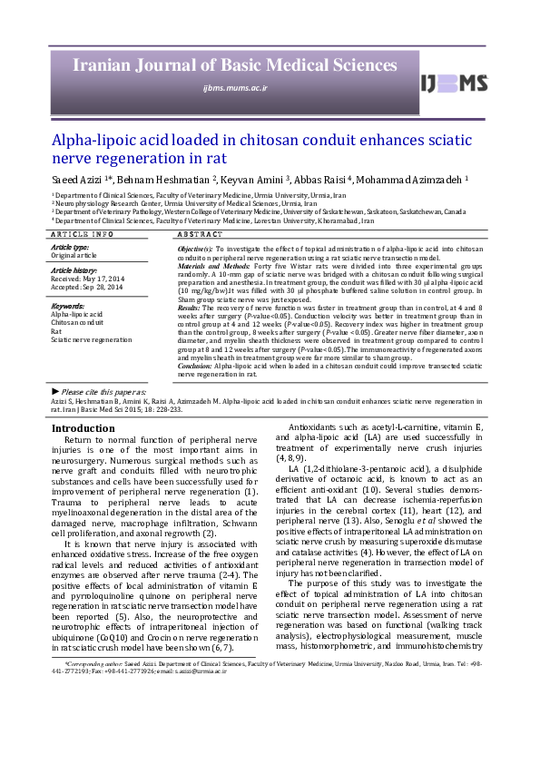 (PDF) Alphalipoic acid loaded in chitosan conduit enhances sciatic nerve regeneration in rat