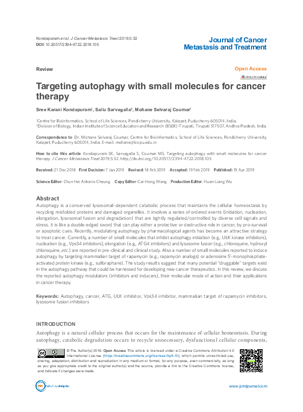 (PDF) Targeting autophagy with small molecules for cancer therapy