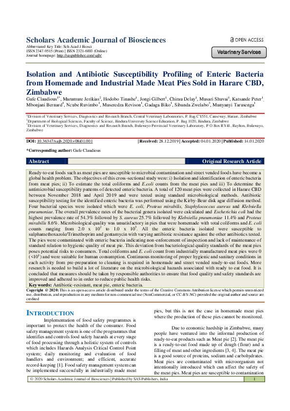 (PDF) Isolation and Antibiotic Susceptibility Profiling of Enteric Bacteria