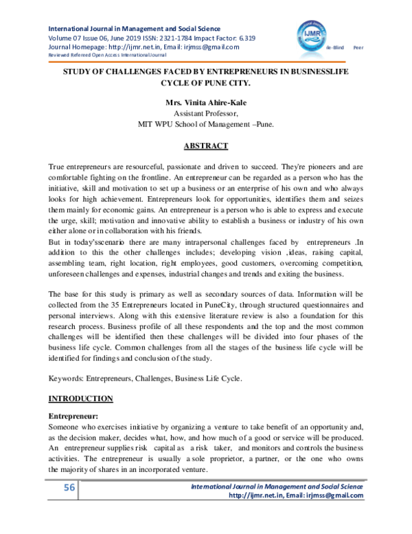 (PDF) STUDY OF CHALLENGES FACED BY ENTREPRENEURS IN BUSINESSLIFE CYCLE ...