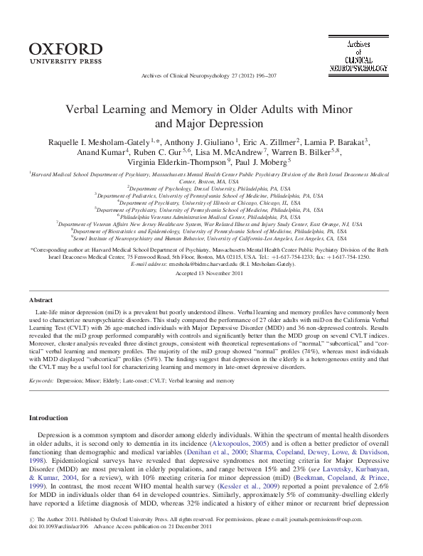 (PDF) Verbal Learning and Memory in Older Adults with Minor and Major ...