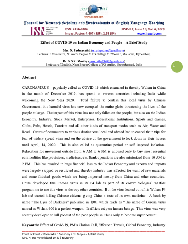 (PDF) Effect of COVID-19 on Indian Economy and People – A Brief Study