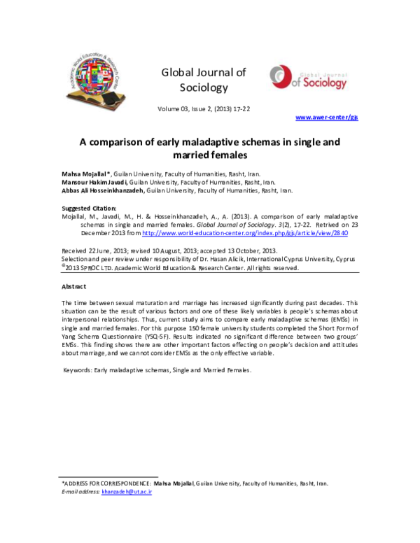 (PDF) A comparison of early maladaptive schemas in single and married ...