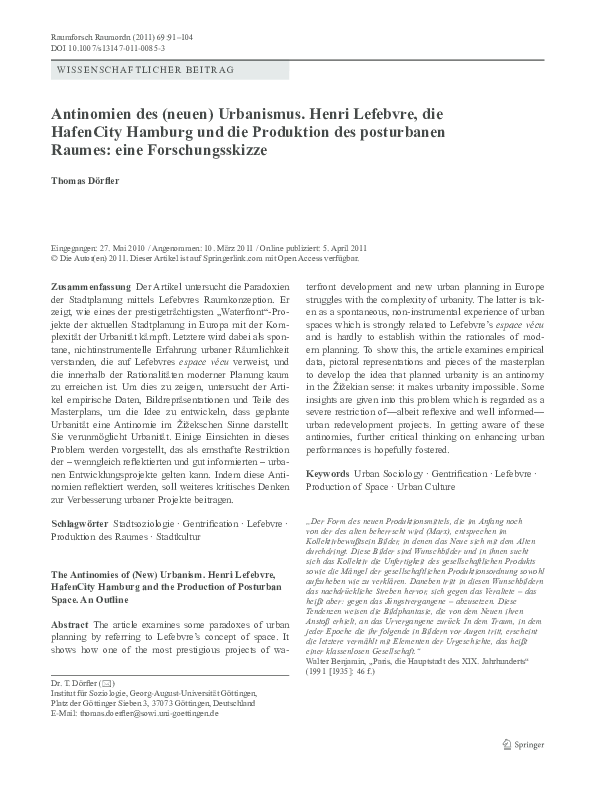(PDF) Antinomien des (neuen) Urbanismus. Henri Lefebvre, die HafenCity