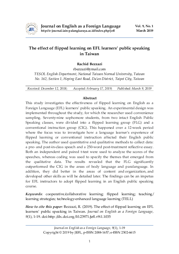 (PDF) The effect of flipped learning on EFL learners' public speaking ...