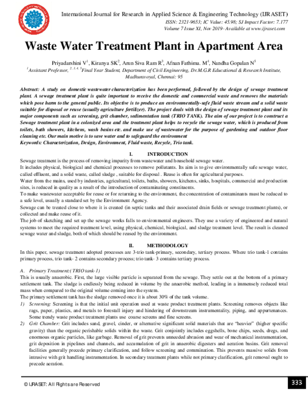(PDF) Waste Water Treatment Plant in Apartment Area IJRASET