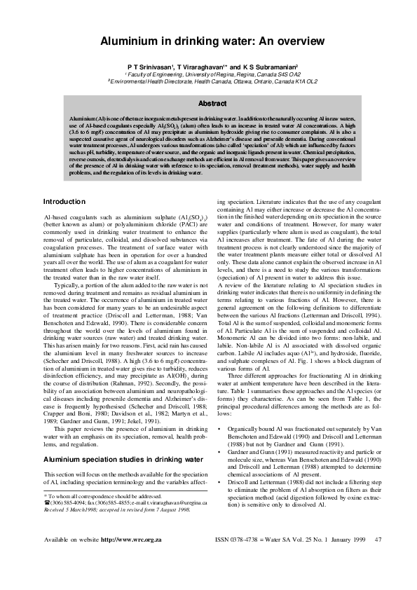 (PDF) Aluminium in drinking water An overview AqmaMadiha Mazelan