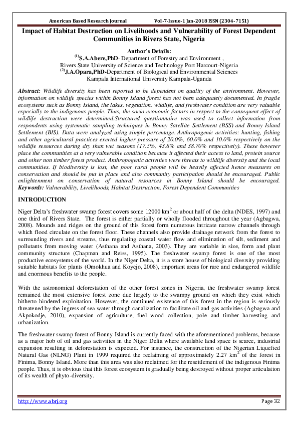 (PDF) Impact of Habitat Destruction on Livelihoods and Vulnerability of