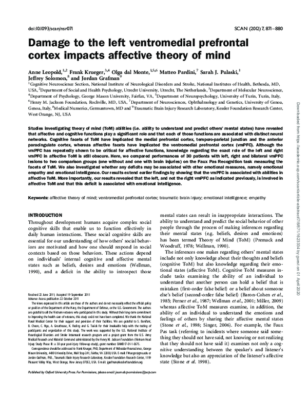 (PDF) Damage to the left ventromedial prefrontal cortex impacts ...