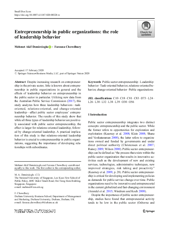 (PDF) Entrepreneurship in public organizations: the role of leadership ...