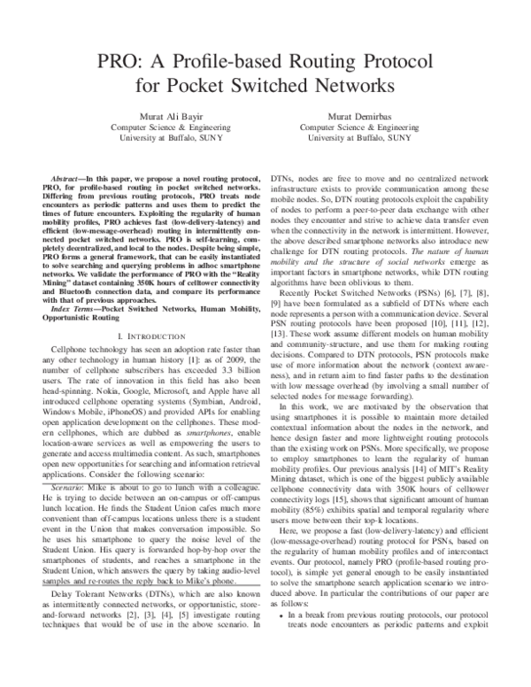 (PDF) PRO: A Profile-based Routing Protocol for Pocket Switched Networks