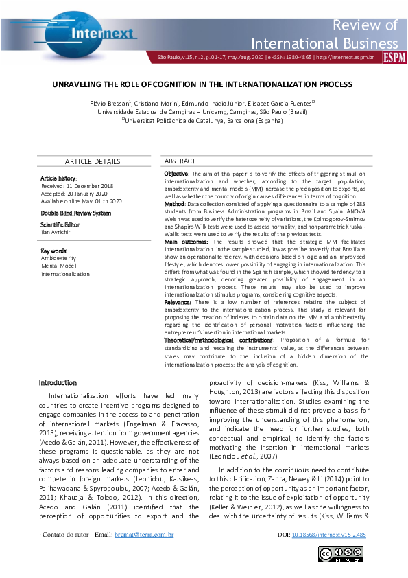 (PDF) UNRAVELING THE ROLE OF COGNITION IN THE INTERNATIONALIZATION ...