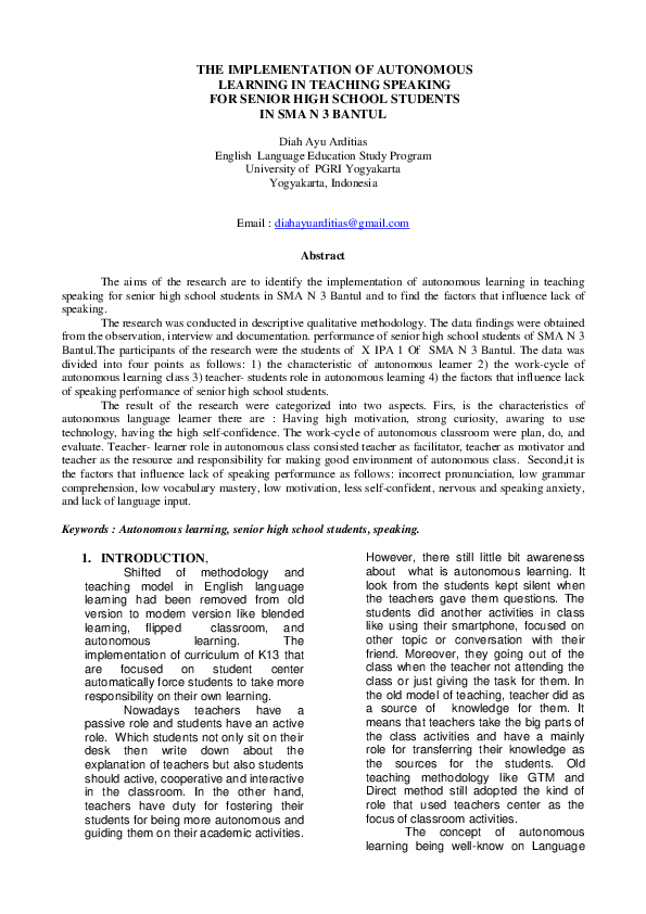 (PDF) THE IMPLEMENTATION OF AUTONOMOUS LEARNING IN TEACHING SPEAKING ...