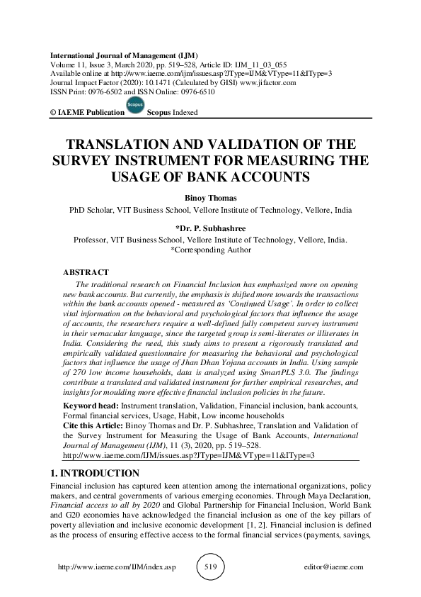 (PDF) TRANSLATION AND VALIDATION OF THE SURVEY INSTRUMENT FOR MEASURING