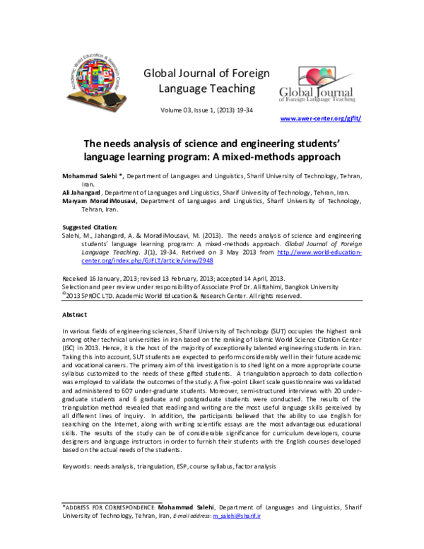 (PDF) The needs analysis of science and engineering students' language ...