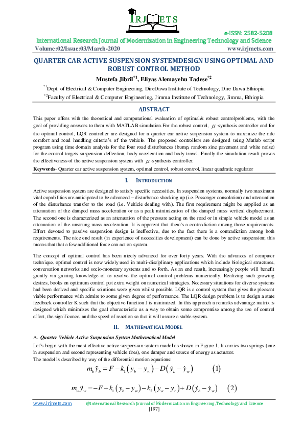 (PDF) QUARTER CAR ACTIVE SUSPENSION SYSTEMDESIGN USING OPTIMAL AND ...