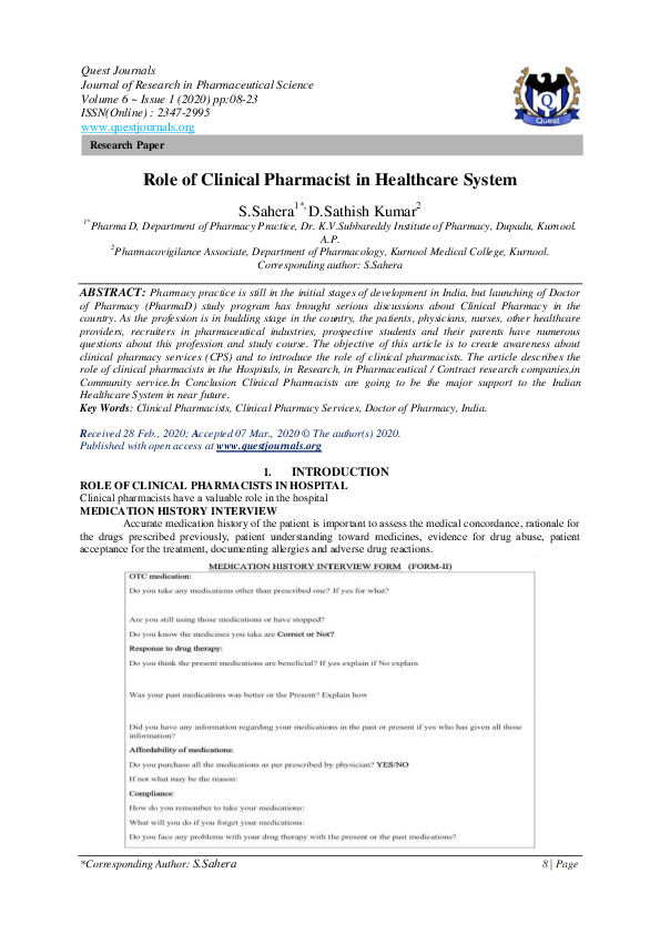 (PDF) Role of Clinical Pharmacist in Healthcare System