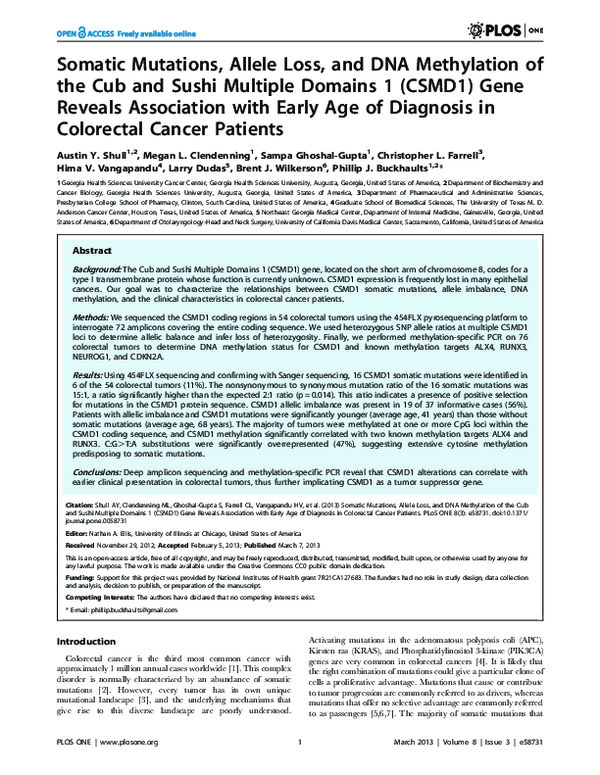 (PDF) Somatic Mutations, Allele Loss, and DNA Methylation of the Cub ...