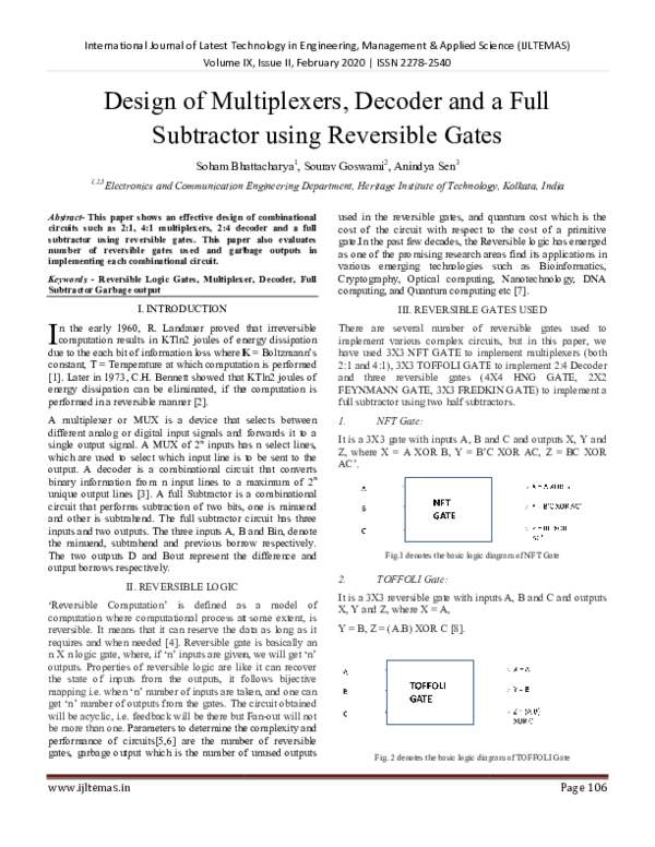 (PDF) Design of Multiplexers, Decoder and a Full Subtractor using ...